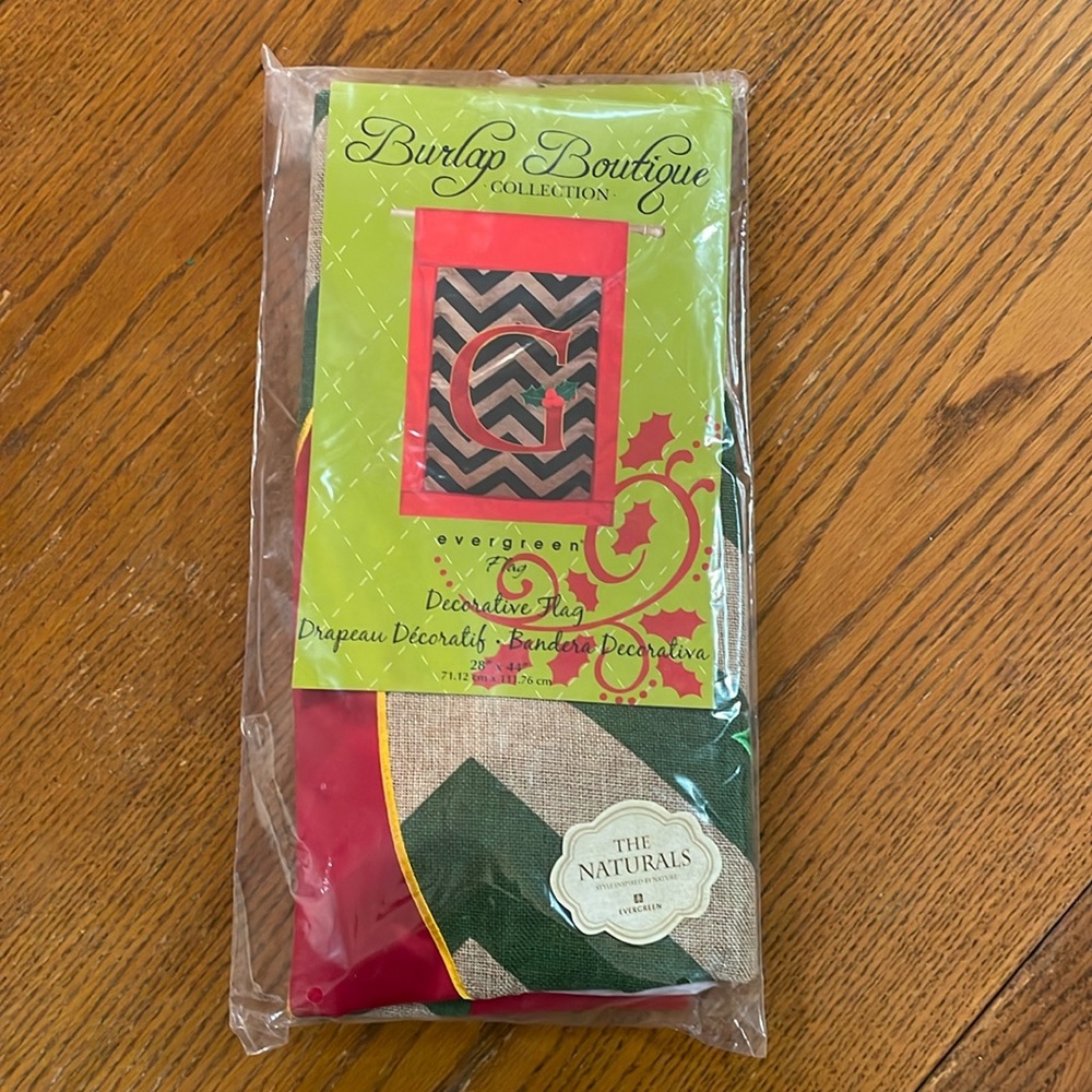 Evergreen Burlap Boutique collection “G” Christmas flag. New in package.